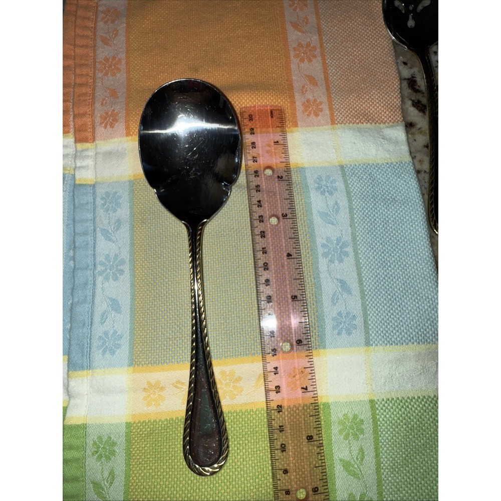 Oneida GOLDEN BELMONT SS Rope‎ Edge Gold Accent Silverware Serving Spoon 4596